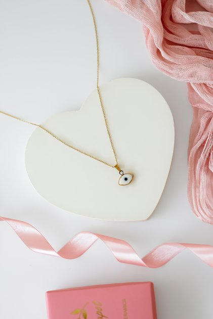 Gold Evil Eye Porcelain Charm Steel Necklace