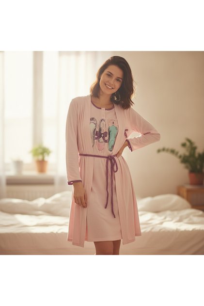 Women's Clothing Pink Color Printed Nightgown and Dressing Gown 2 Piece Set Bb2675