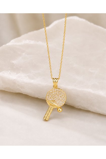 Masa Tenisi Raket Beyaz Taşlı Tasarım Gold Rengi 925 Ayar Gümüş Kolye