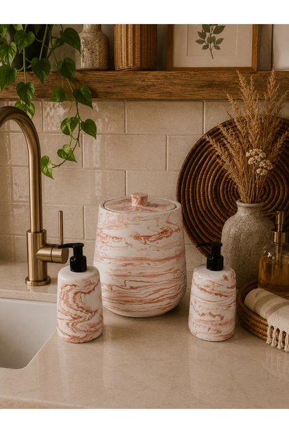 Decorative Marble Pattern Bohemian Style 3-Piece Kitchen Set Countertop Trash Can Liquid Soap Dispenser and Dishwashing Liquid Dispenser Set