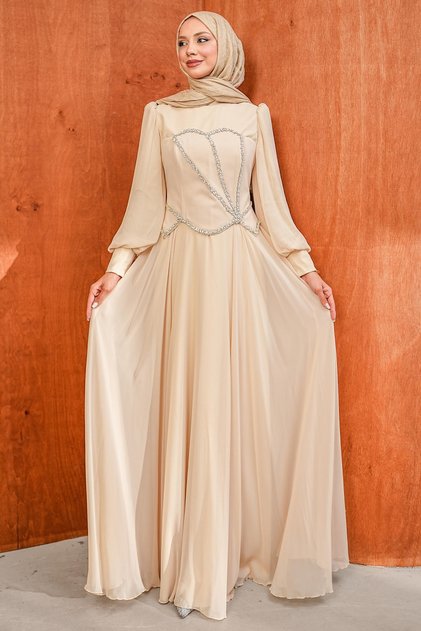 Beige Stone Embroidered Bustier Evening Dress