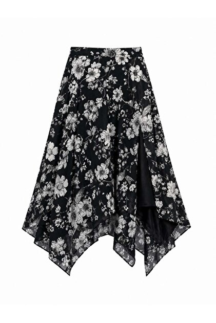 Vera Asymmetric Floral Midi Skirt Women's Black