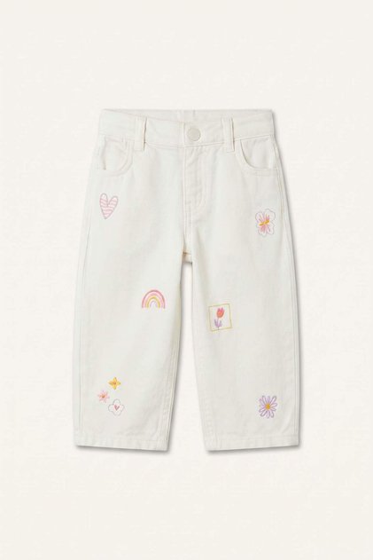 100% Cotton Baggy Fit Gabardine Embroidered Ecru Trousers for Baby Girl H9302A526Au