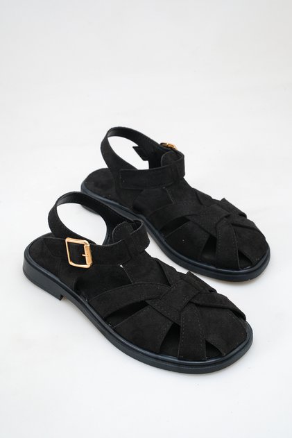 Black Suede Women's Sandals with Cage Model and Buckle Detail