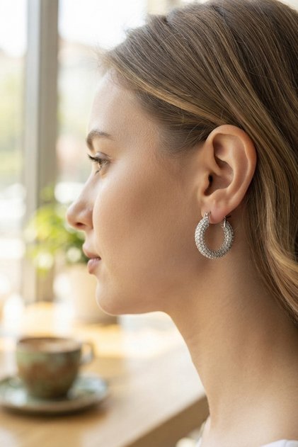 Silver Color Full Zircon Stone Hoop Women's Earrings -