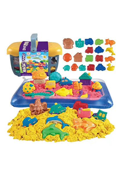 Set nisip kinetic 0,8 kg, coș cu forme și tăviță gonflabilă, 3+ ani