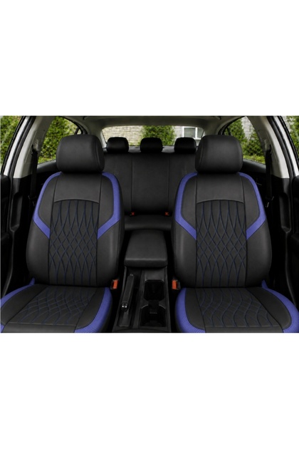 Set huse scaune auto universale de lux, fata-spate, piele ecologica, culoare negru cu albastru