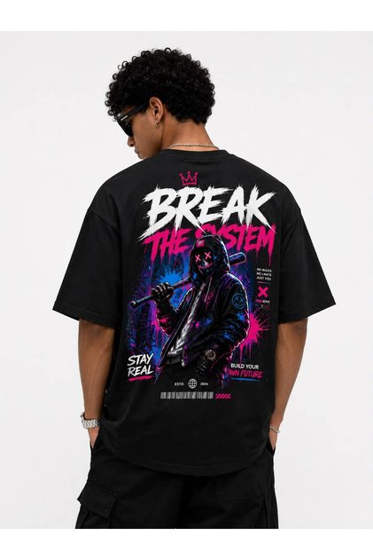 Break the System Oversize Black Men's T-Shirt with Back Print