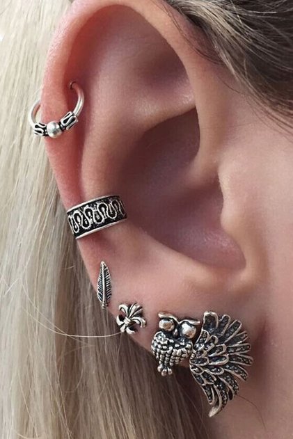 Set cercei si ear cuff cu aripa, bufnita, Fleur de Lis si verigi