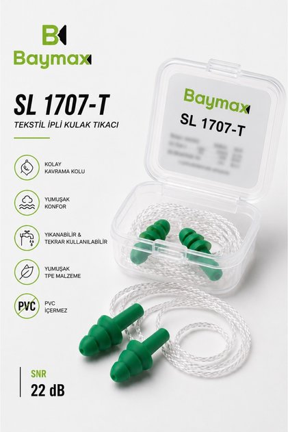 SL 1707-T Tekstil İpli Tekrar Kullanılabilir Kulak Tıkacı Yeşil SNR 22 dB Yıkanabilir İş Güvenliği Kulak Koruyucu