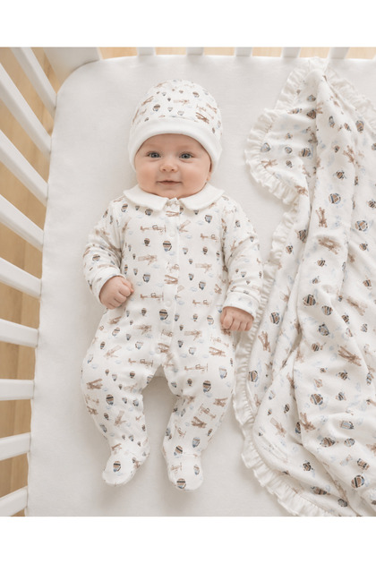 Little Aviator Airplane and Balloon Patterned 0-3 Months Baby Boy Romper, Hat and Blanket Newborn Set
