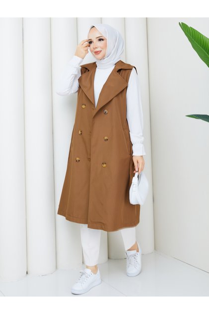 Women's Double-Breasted Buttoned Belted Long Vest Rc3150