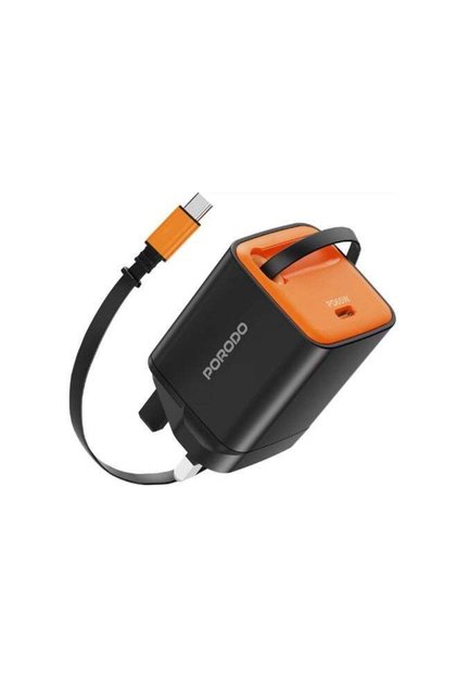 Tezpatro 65W GaN Charger with USB-C Retractable Cable, 1.5A Rated Current, 65W Power Delivery, 80cm Cable Length, Flame-Retardant Housing, Fast Charge Support - Black / Orange