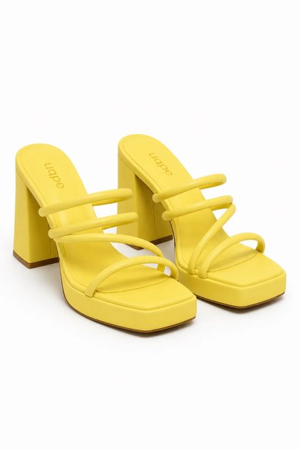 Women's Platform Heeled Thick-Strapped High Thick Heel Slippers Mule - Leya - Yellow