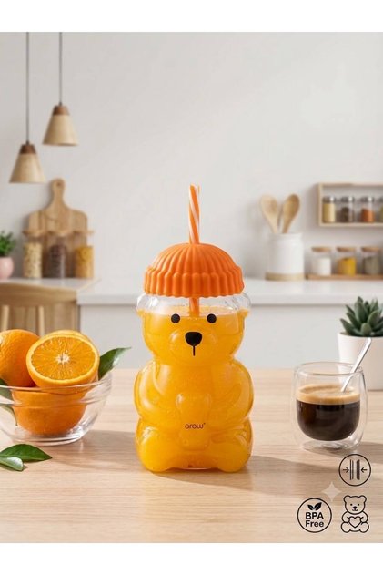 Cute Bear Figure with Straw Glass Cup with Hat Lid Children's Water Bottle Water Bottle 570 ml