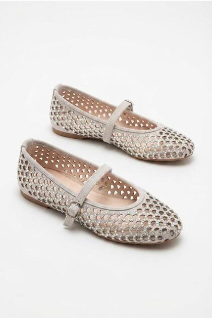 027-866 Suede Laser Cut Perforated Stone Embroidered Buckle Women's Ballet Flats