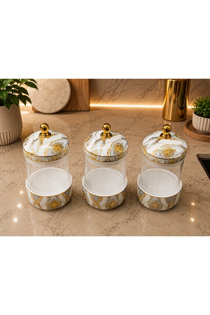 Set of 3 Glass Jars with Patterned Vacuum Lids for Storing Legumes and Spices