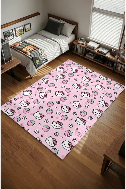 Hello Kitty Ve Çilek Desenli Dijital Baskılı Kaymaz Taban Oyuncu ve Genç Odası Halısı
