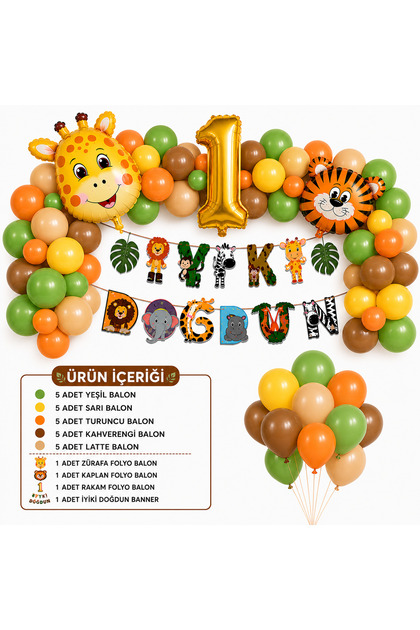 Safari Temalı Doğum Günü Seti,İyiki Doğdun Banner,Temaya Uygun Balonlar,Balon Zinciri Seti,Safari Konsept 1 YAŞ 2 YAŞ 3 YAŞ DOĞUM GÜNÜ PARTİ SETLERİ