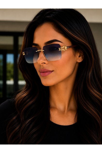 Women's Gold Framed Blue Gradient Glass Rimless Uv400 Sunglasses