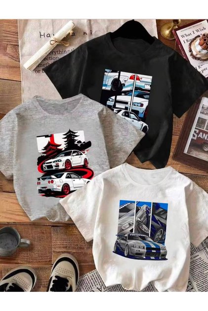 Boy's Cars Printed 3-Piece T-Shirt (Black-Grey-White)
