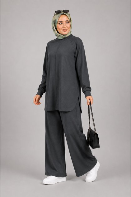 Modal Fabric Ribbed Stitched Hijab Double Set Anthracite Tunic and Trousers Set