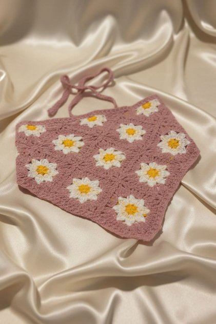 Pink Floral Motif Tie-Up Bandana, Knitted Summer Hair Bandana for Beach Daily Use