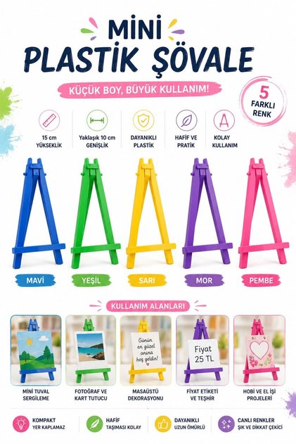 Mini Plastik Şövale 15 cm 5 Adet Farklı Renk
