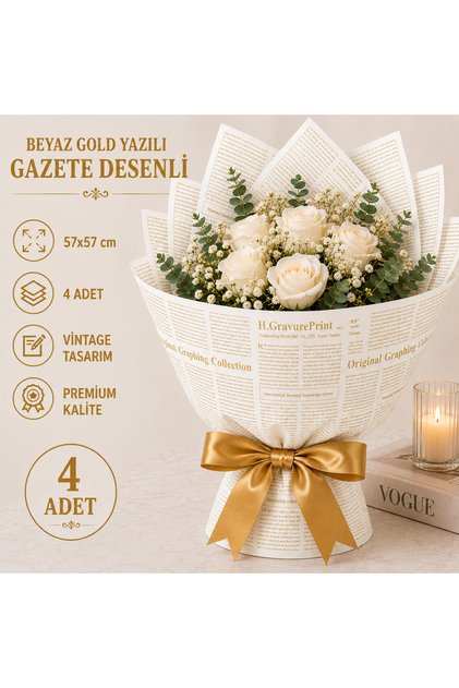 White Gold English Newspaper Patterned Bouquet Wrapping Paper 57X57 cm Flower and Gift Package 4 Pieces
