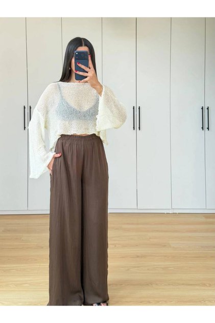 Women's Brown Draped Satin Trousers with Pockets