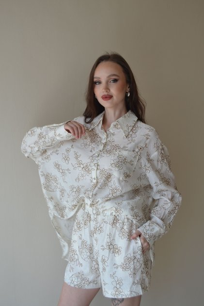 Women's Floral Patterned Belted Shorts White