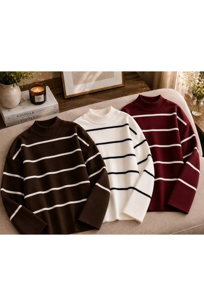 3'lü Avantajlı Paket Kadın Çizgili Oversize Triko Kazak