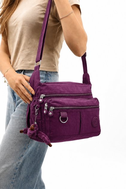 Women's Purple Shoulder Bag, Multi-Compartment Strap Crossbody Bag, Original Crinkle Waterproof Fabric, 25X13Cm