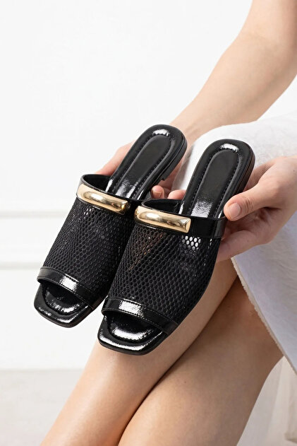 Lumis Black Mesh Stylish Women's Daily Slippers with Gold Accessories