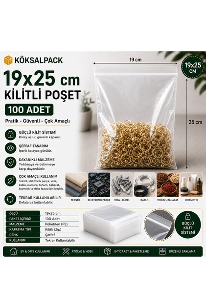 Köksalpack 19X25 cm Ziplock Bag Transparent Ziplock Bag 100 Pieces | Zip Lock Bags Textile, Electronic Parts, Samples and Packaging