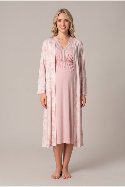 Women's Powder Floral Lace Sleeveless Wide Fit Maternity Nightgown and Dressing Gown Set with Breastfeeding Feature