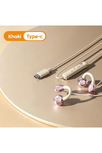 type c khaki Clip-on Wired Headphones Type C&3.5mm Stereo Earbuds Handfree Sport Gamer Headset Earph
