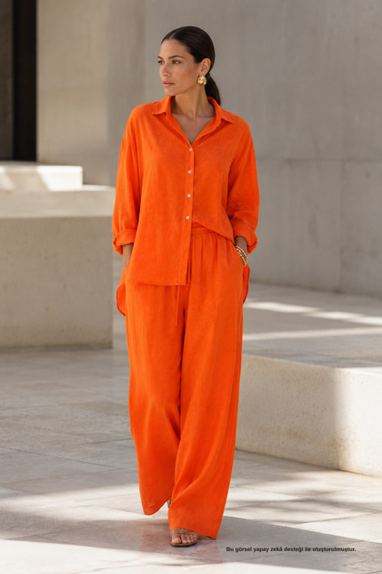 Orange Oversize Gömlek Bol Paça Pantolon Takım