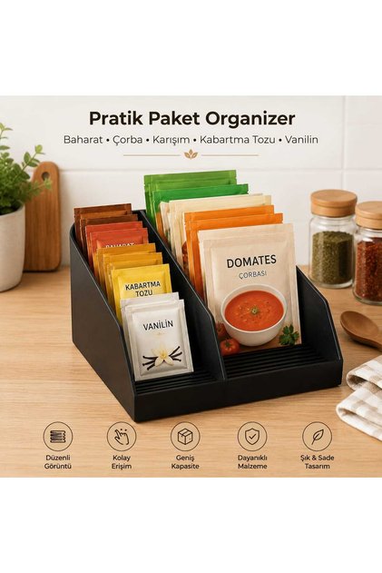Paket Baharat Düzenleyici Organizer Rafı - Çorba Vanilin Kabartma Tozu Poşet Standı Siyah