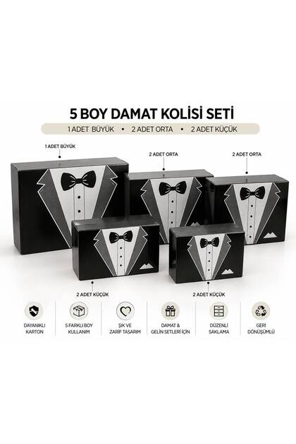 Damat Kolisi, Damat Hediye Kutusu, 5 li Set, Damat Bohçası, Damat Baskılı 5 Boy Kutu