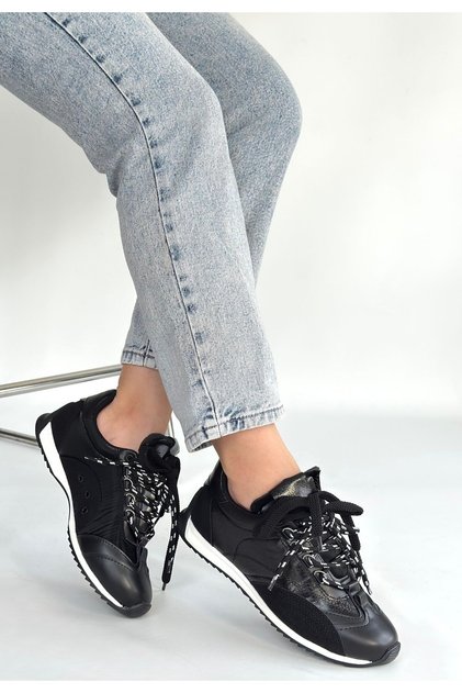 Reat Black Leather Lace-Up Parachute Detailed Sports Shoes