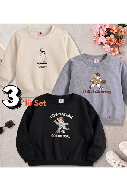 Football-Basketball Printed Set of 3 Boys' Sweatshirts