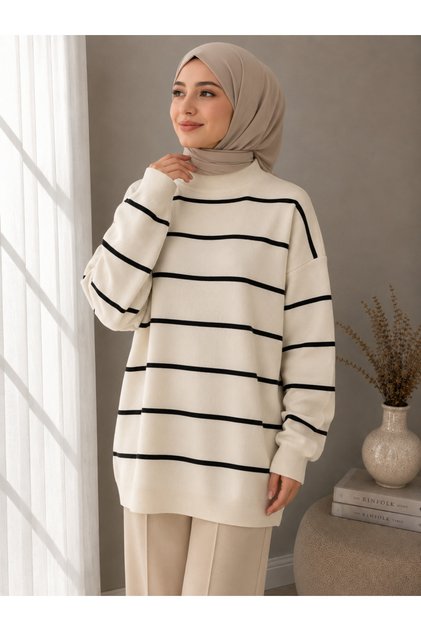 Women's Half-Throat Striped Knitwear Sweater Oversize Loose Design