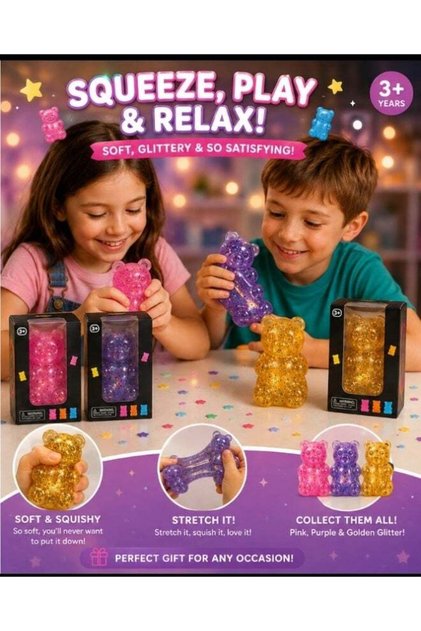 Squishy Gummy Bear Glitter Toy - Soft TPR Stress Relief Fidget for Kids