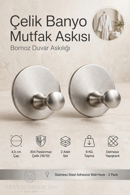 2 li Set Çelik Yapışkanlı Banyo Havluluk Mutfak Askısı Gümüş Bornoz Duvar Askılığı 4,5 cm Çap 304 Paslanmaz 723453