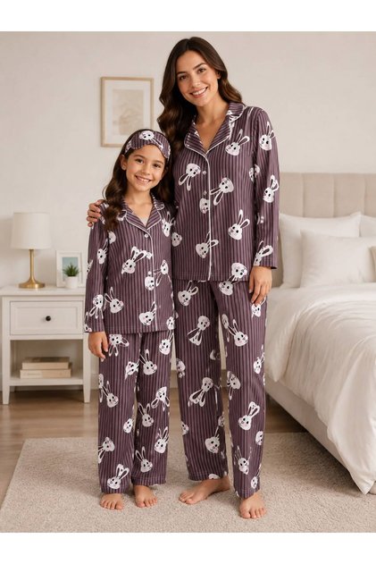 Mother-Daughter Lilac Color Rabbit Patterned Shirt Collar Sleep Band Short Sleeve Pajama Set Cotton Milan Fabric