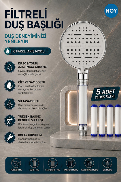 Duş Başlığı Seti Filtreli Duş Başlığı 6 Fonksiyonlu 5 Yedek Filtre Hediyeli Premium Serisi