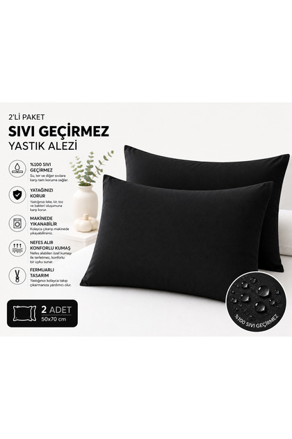 2 Adet Bambu Lüks Sıvı Geçirmez Yastık Alezi 50x70 Su Geçirmez Yatık Alezi 2 ‘Li Set