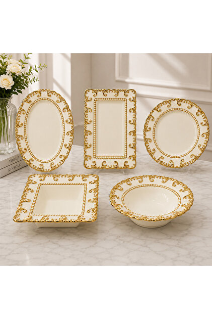 5-Piece Porcelain Presentation Set – Gold Gilded Baroque Patterned Serving Plate, Treat Bowl, and Snack Bowl Set