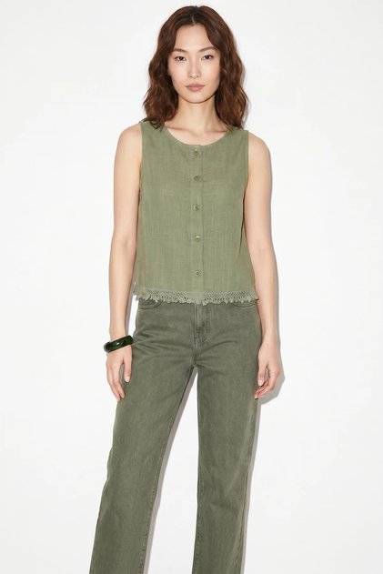 Women's Ornamental Button Detailed Tassel Embroidered Linen Textured Cotton Green Blouse